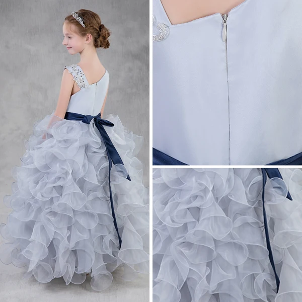 Chic / Beautiful Silver Organza Flower Girl Dresses 2018 Ball Gown Amazing / Unique Shoulders Sleeveless Sequins Beading Sash Floor-Length / Long Cascading Ruffles Wedding Party Dresses