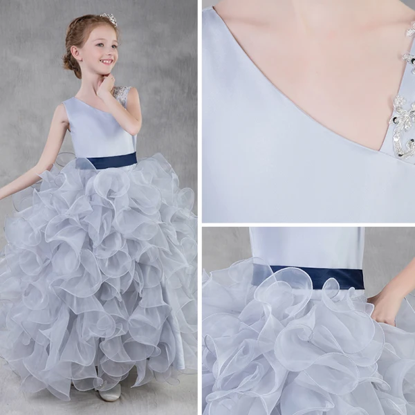 Chic / Beautiful Silver Organza Flower Girl Dresses 2018 Ball Gown Amazing / Unique Shoulders Sleeveless Sequins Beading Sash Floor-Length / Long Cascading Ruffles Wedding Party Dresses