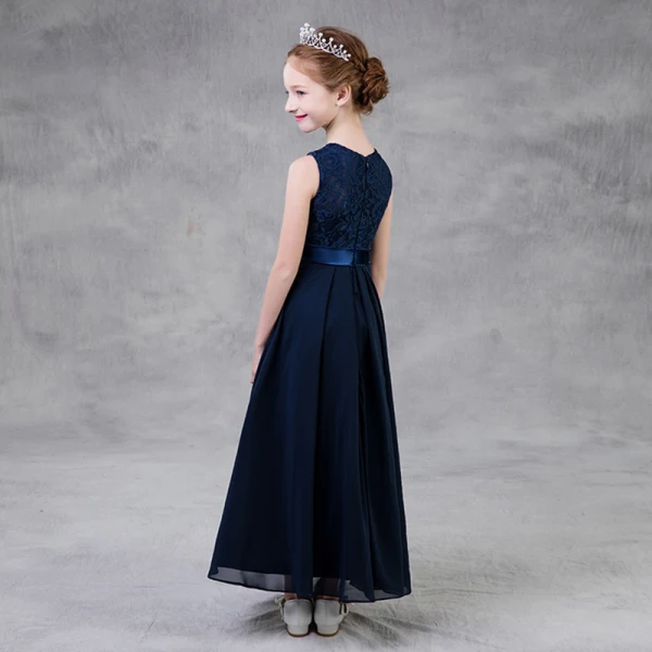Modest / Simple Navy Blue Chiffon Flower Girl Dresses 2018 A-Line / Princess Scoop Neck Sleeveless Sash Ankle Length Wedding Party Dresses