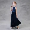 Modest / Simple Navy Blue Chiffon Flower Girl Dresses 2018 A-Line / Princess Scoop Neck Sleeveless Sash Ankle Length Wedding Party Dresses