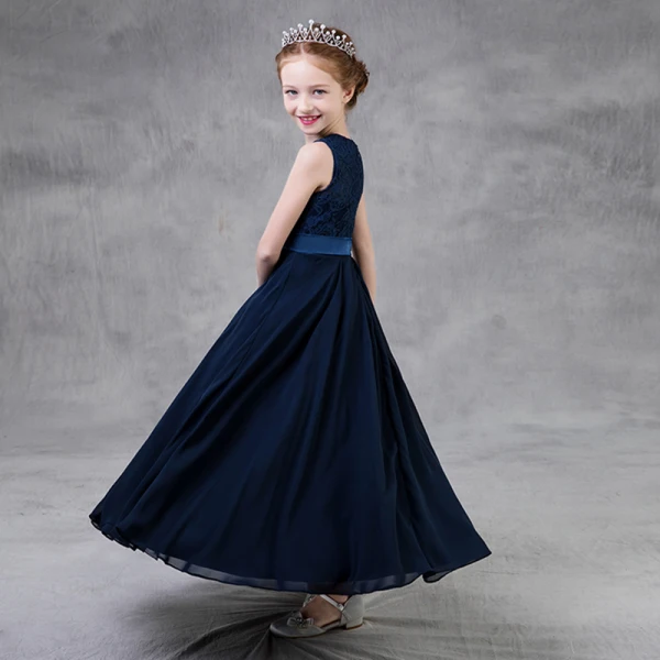 Modest / Simple Navy Blue Chiffon Flower Girl Dresses 2018 A-Line / Princess Scoop Neck Sleeveless Sash Ankle Length Wedding Party Dresses
