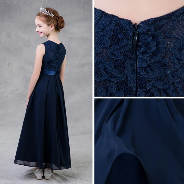 Modest / Simple Navy Blue Chiffon Flower Girl Dresses 2018 A-Line / Princess Scoop Neck Sleeveless Sash Ankle Length Wedding Party Dresses
