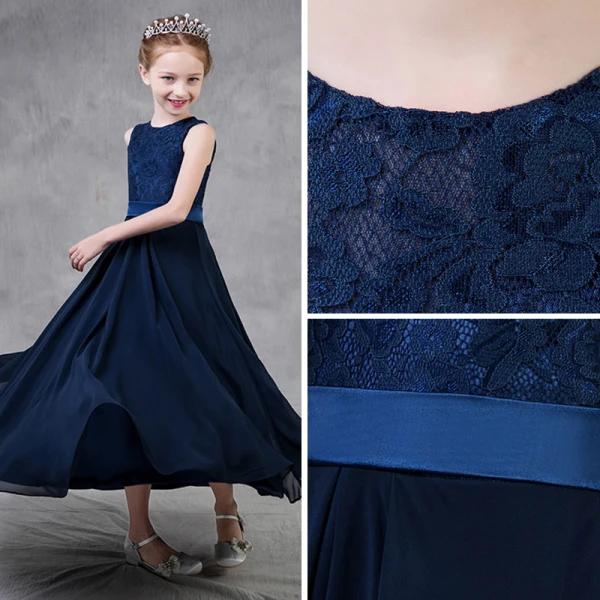Modest / Simple Navy Blue Chiffon Flower Girl Dresses 2018 A-Line / Princess Scoop Neck Sleeveless Sash Ankle Length Wedding Party Dresses