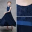 Modest / Simple Navy Blue Chiffon Flower Girl Dresses 2018 A-Line / Princess Scoop Neck Sleeveless Sash Ankle Length Wedding Party Dresses