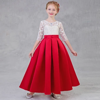 Chic Belle Rouge Robe Ceremonie Fille 2018 Princesse Encolure Dégagée 1 2 Manches Faux Diamant Appliques En Dentelle Percé Longue Volants Robe Pour Mariage