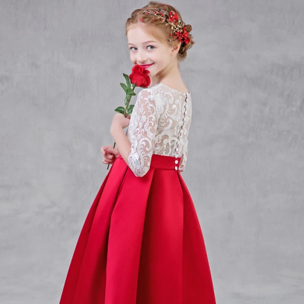 Chic / Beautiful Red Flower Girl Dresses 2018 A-Line / Princess Scoop Neck 1/2 Sleeves Rhinestone Appliques Lace Pierced Floor-Length / Long Ruffle Wedding Party Dresses