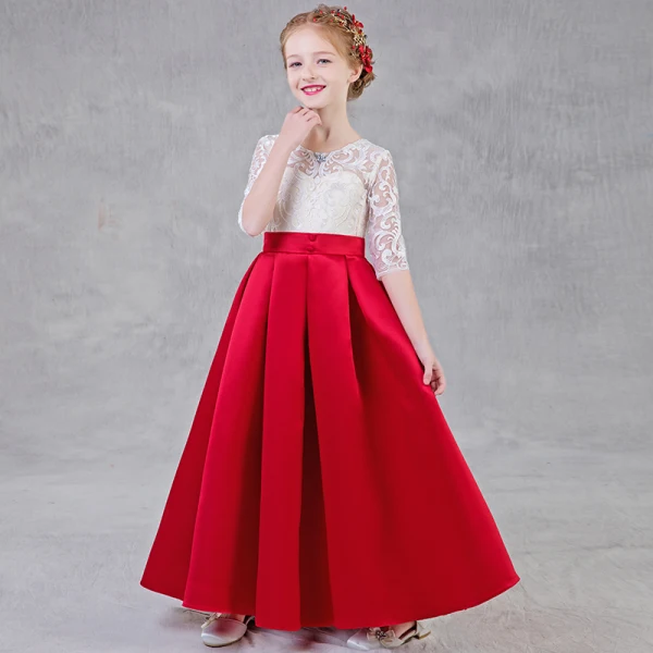 Chic / Beautiful Red Flower Girl Dresses 2018 A-Line / Princess Scoop Neck 1/2 Sleeves Rhinestone Appliques Lace Pierced Floor-Length / Long Ruffle Wedding Party Dresses
