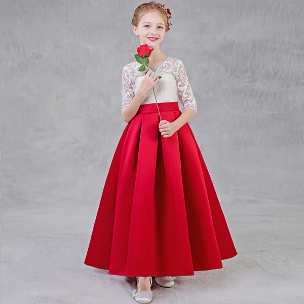 Chic / Beautiful Red Flower Girl Dresses 2018 A-Line / Princess Scoop Neck 1/2 Sleeves Rhinestone Appliques Lace Pierced Floor-Length / Long Ruffle Wedding Party Dresses