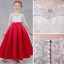 Chic / Beautiful Red Flower Girl Dresses 2018 A-Line / Princess Scoop Neck 1/2 Sleeves Rhinestone Appliques Lace Pierced Floor-Length / Long Ruffle Wedding Party Dresses