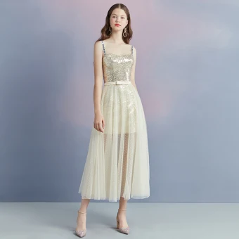 Sparkly Champagne Summer Homecoming Graduation Dresses 2018 A Line Princess Shoulders Sleeveless Sequins Bow Sash Spotted Tea Length Ruffle Backless Formal Dresses