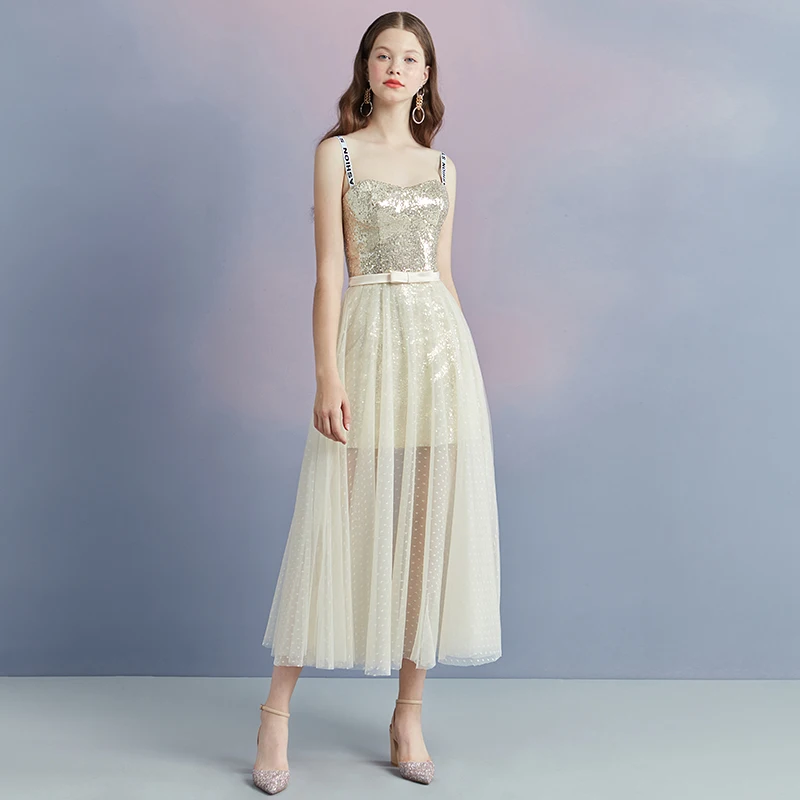 Sparkly Champagne Summer Homecoming Graduation Dresses 2018 A-Line / Princess Shoulders Sleeveless Sequins Bow Sash Spotted Tea-length Ruffle Backless