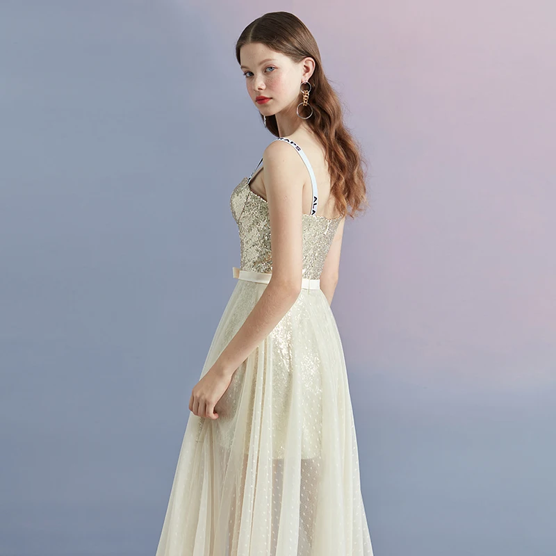 Sparkly Champagne Summer Homecoming Graduation Dresses 2018 A-Line / Princess Shoulders Sleeveless Sequins Bow Sash Spotted Tea-length Ruffle Backless Sparkly Champagne Summer Homecoming Graduation Dresses 2018 A-Line / Princess Shoulders Sleeveless Sequins Bow Sash Spotted Tea-length Ruffle Backless