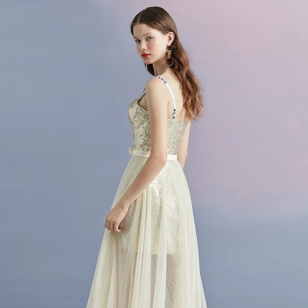 Glitzernden Champagner Sommer Heimkehr Abiballkleider 2018 A Linie Schultern Ärmellos Pailletten Schleife Stoffgürtel Geflecktes Wadenlang Rüschen Rückenfreies Festliche Kleider