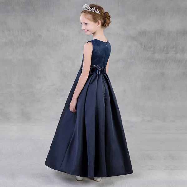 Modest / Simple Navy Blue Flower Girl Dresses 2018 A-Line / Princess Scoop Neck Sleeveless Sequins Floor-Length / Long Ruffle Wedding Party Dresses