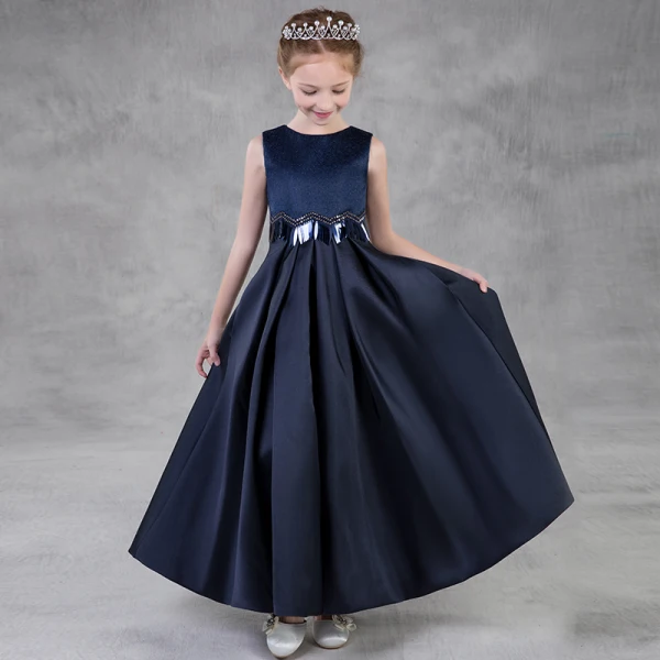 Modest / Simple Navy Blue Flower Girl Dresses 2018 A-Line / Princess Scoop Neck Sleeveless Sequins Floor-Length / Long Ruffle Wedding Party Dresses