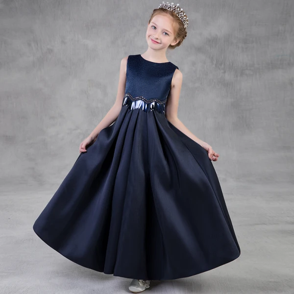 Modest / Simple Navy Blue Flower Girl Dresses 2018 A-Line / Princess Scoop Neck Sleeveless Sequins Floor-Length / Long Ruffle Wedding Party Dresses