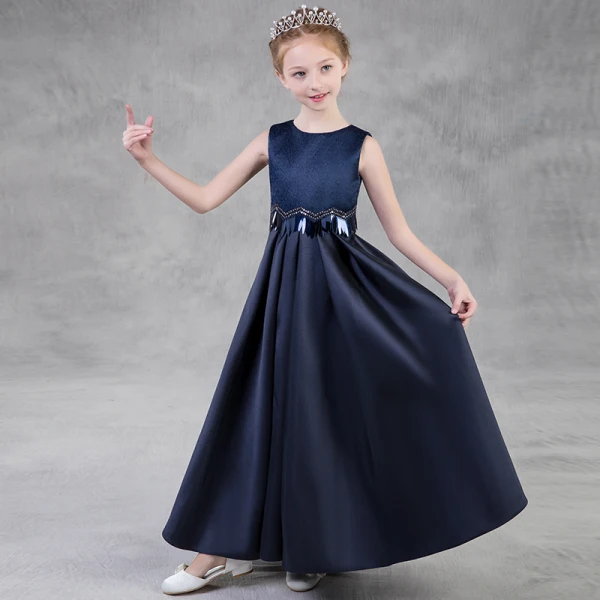 Modest / Simple Navy Blue Flower Girl Dresses 2018 A-Line / Princess Scoop Neck Sleeveless Sequins Floor-Length / Long Ruffle Wedding Party Dresses