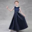 Modest / Simple Navy Blue Flower Girl Dresses 2018 A-Line / Princess Scoop Neck Sleeveless Sequins Floor-Length / Long Ruffle Wedding Party Dresses
