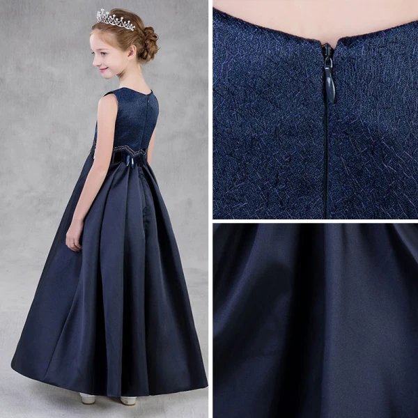 Modest / Simple Navy Blue Flower Girl Dresses 2018 A-Line / Princess Scoop Neck Sleeveless Sequins Floor-Length / Long Ruffle Wedding Party Dresses