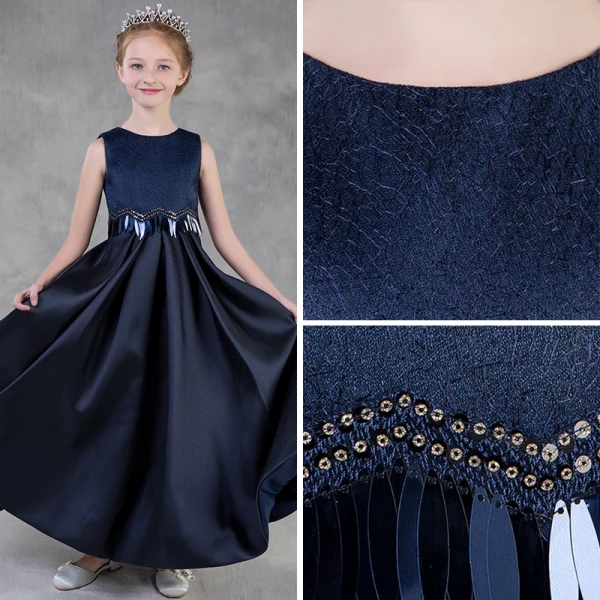 Modest / Simple Navy Blue Flower Girl Dresses 2018 A-Line / Princess Scoop Neck Sleeveless Sequins Floor-Length / Long Ruffle Wedding Party Dresses