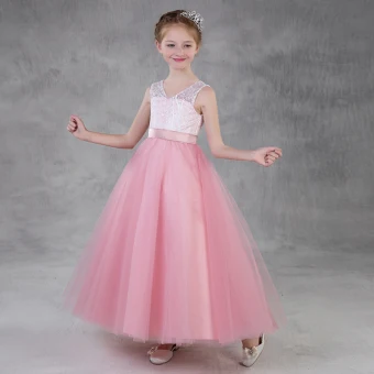 Chic Beautiful Candy Pink Flower Girl Dresses 2018 A Line Princess V Neck Sleeveless Appliques Lace Sash Floor Length Long Ruffle Backless Wedding Party Dresses