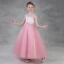 Chic / Beautiful Candy Pink Flower Girl Dresses 2018 A-Line / Princess V-Neck Sleeveless Appliques Lace Sash Floor-Length / Long Ruffle Backless Wedding Party Dresses