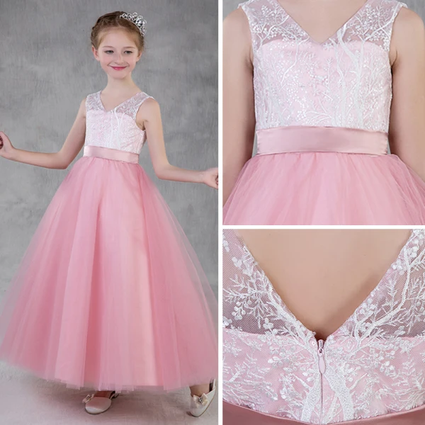 Chic / Beautiful Candy Pink Flower Girl Dresses 2018 A-Line / Princess V-Neck Sleeveless Appliques Lace Sash Floor-Length / Long Ruffle Backless Wedding Party Dresses