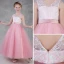 Chic / Beautiful Candy Pink Flower Girl Dresses 2018 A-Line / Princess V-Neck Sleeveless Appliques Lace Sash Floor-Length / Long Ruffle Backless Wedding Party Dresses