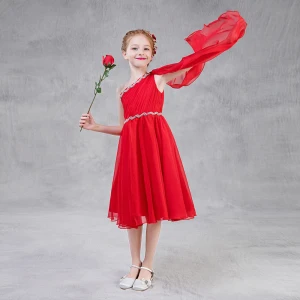 Chic Belle Rouge Chiffon Robe Ceremonie Fille Avec Châle 2018 Princesse Une Épaule Sans Manches Faux Diamant Ceinture Thé Longueur Volants Dos Nu Robe Pour Mariage