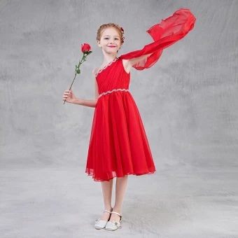 Chic Beautiful Red Chiffon Flower Girl Dresses With Shawl 2018 A Line Princess One Shoulder Sleeveless Rhinestone Sash Tea Length Ruffle Backless Wedding Party Dresses