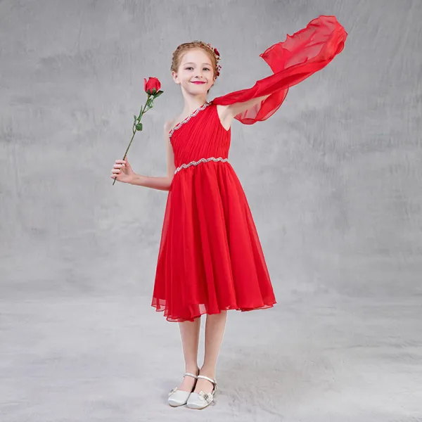 Chic / Beautiful Red Chiffon Flower Girl Dresses With Shawl 2018 A-Line / Princess One-Shoulder Sleeveless Rhinestone Sash Tea-length Ruffle Backless Wedding Party Dresses