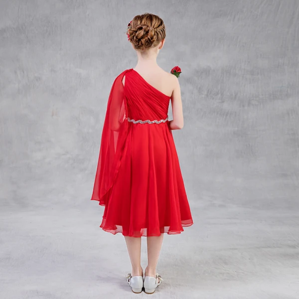 Chic / Beautiful Red Chiffon Flower Girl Dresses With Shawl 2018 A-Line / Princess One-Shoulder Sleeveless Rhinestone Sash Tea-length Ruffle Backless Wedding Party Dresses