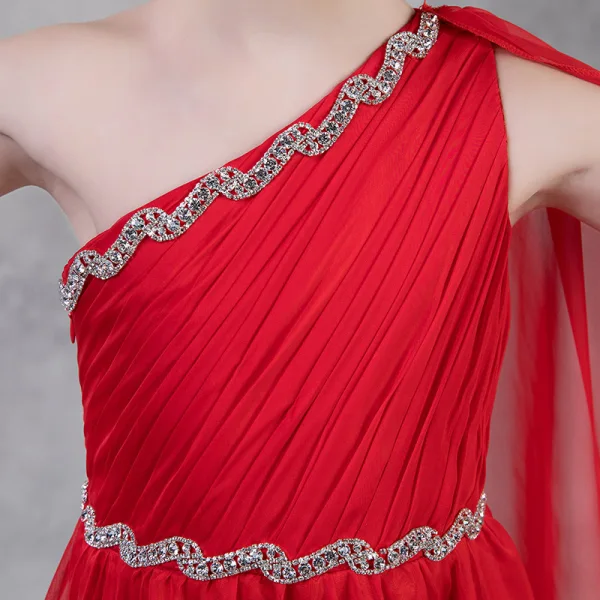Chic / Beautiful Red Chiffon Flower Girl Dresses With Shawl 2018 A-Line / Princess One-Shoulder Sleeveless Rhinestone Sash Tea-length Ruffle Backless Wedding Party Dresses