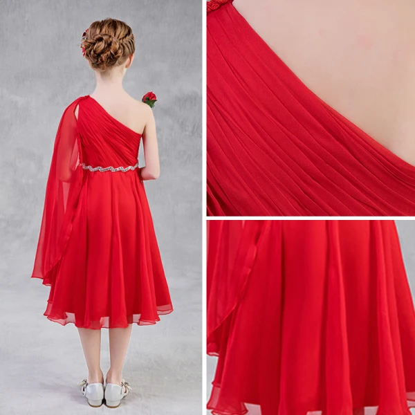 Chic / Beautiful Red Chiffon Flower Girl Dresses With Shawl 2018 A-Line / Princess One-Shoulder Sleeveless Rhinestone Sash Tea-length Ruffle Backless Wedding Party Dresses