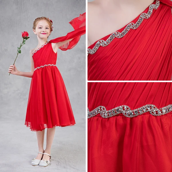 Chic / Beautiful Red Chiffon Flower Girl Dresses With Shawl 2018 A-Line / Princess One-Shoulder Sleeveless Rhinestone Sash Tea-length Ruffle Backless Wedding Party Dresses