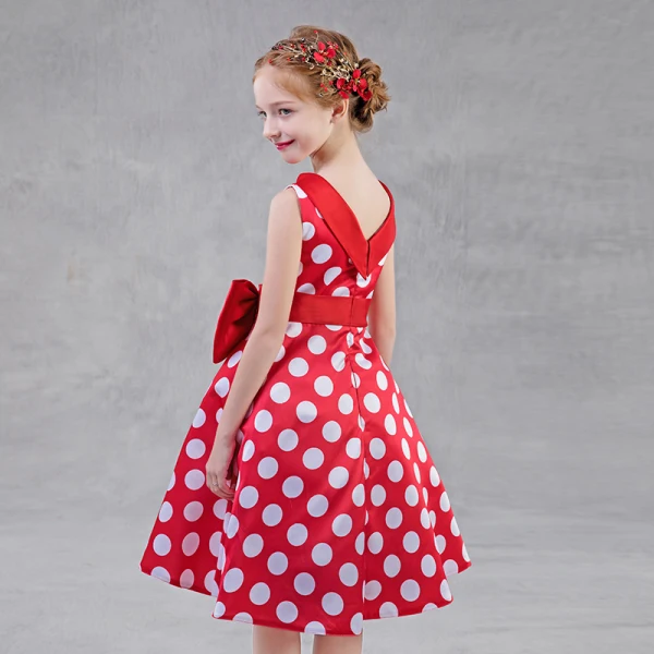 Chic / Beautiful Red Flower Girl Dresses 2018 A-Line / Princess Scoop Neck Sleeveless White Spotted Bow Sash Tea-length Ruffle Backless Wedding Party Dresses