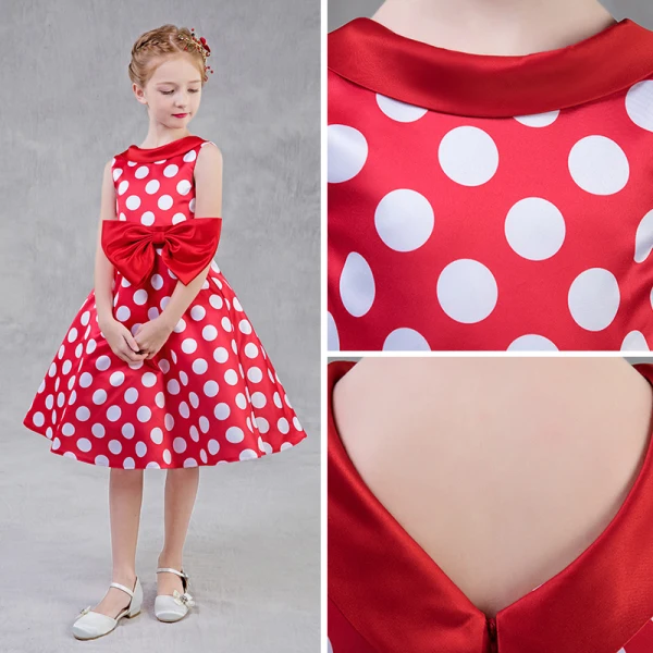Chic / Beautiful Red Flower Girl Dresses 2018 A-Line / Princess Scoop Neck Sleeveless White Spotted Bow Sash Tea-length Ruffle Backless Wedding Party Dresses