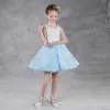 Stylowe / Modne Błękitne Lato Sukienki Dla Dziewczynek 2018 Princessa Wycięciem Bez Rękawów Perła Rhinestone Krótkie Wzburzyć Sukienki Na Wesele