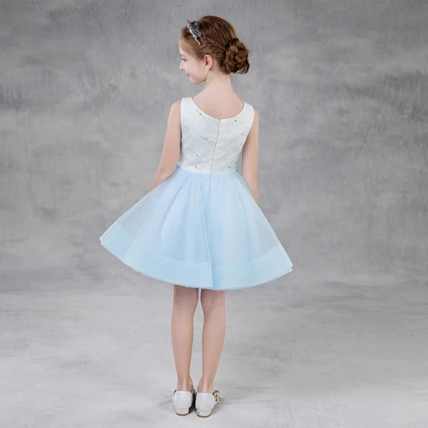 Modern / Fashion Sky Blue Summer Flower Girl Dresses 2018 A-Line / Princess Scoop Neck Sleeveless Pearl Rhinestone Short Ruffle Wedding Party Dresses
