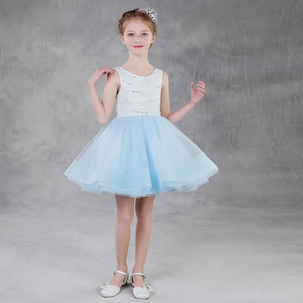 Modern / Fashion Sky Blue Summer Flower Girl Dresses 2018 A-Line / Princess Scoop Neck Sleeveless Pearl Rhinestone Short Ruffle Wedding Party Dresses