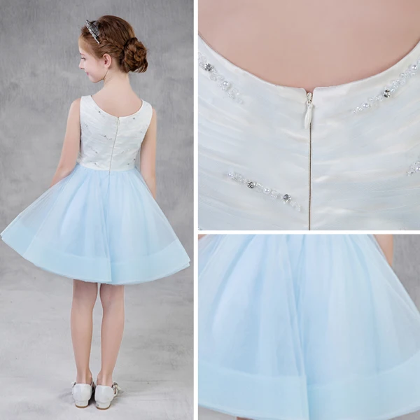 Modern / Fashion Sky Blue Summer Flower Girl Dresses 2018 A-Line / Princess Scoop Neck Sleeveless Pearl Rhinestone Short Ruffle Wedding Party Dresses