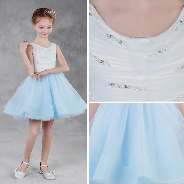 Modern / Fashion Sky Blue Summer Flower Girl Dresses 2018 A-Line / Princess Scoop Neck Sleeveless Pearl Rhinestone Short Ruffle Wedding Party Dresses