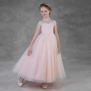 Chic Beautiful Blushing Pink See Through Flower Girl Dresses 2018 A Line Princess Scoop Neck Sleeveless Appliques Lace Floor Length Long Ruffle Wedding Party Dresses