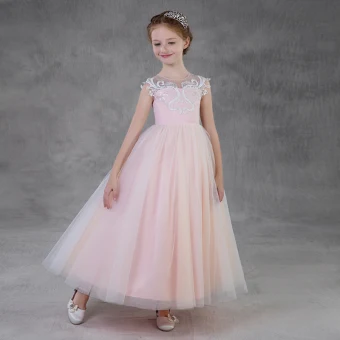 Chic Belle Rougissant Rose Transparentes Robe Ceremonie Fille 2018 Princesse Encolure Dégagée Sans Manches Appliques En Dentelle Longue Volants Robe Pour Mariage