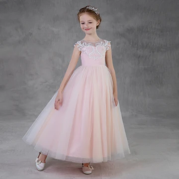 Chic Belle Rougissant Rose Transparentes Robe Ceremonie Fille 2018 Princesse Encolure Dégagée Sans Manches Appliques En Dentelle Longue Volants Robe Pour Mariage