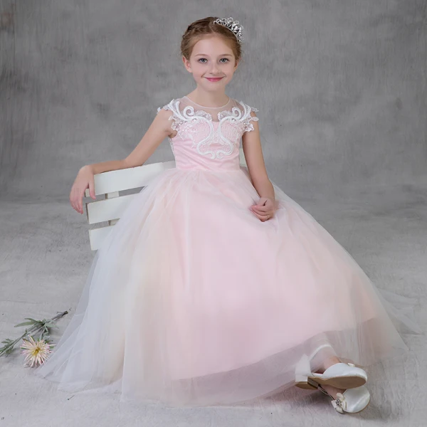 Chic / Beautiful Blushing Pink See-through Flower Girl Dresses 2018 A-Line / Princess Scoop Neck Sleeveless Appliques Lace Floor-Length / Long Ruffle Wedding Party Dresses