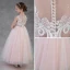 Chic / Beautiful Blushing Pink See-through Flower Girl Dresses 2018 A-Line / Princess Scoop Neck Sleeveless Appliques Lace Floor-Length / Long Ruffle Wedding Party Dresses