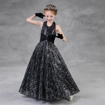 Scintillantes Noire Paillettes Robe Ceremonie Fille 2018 Princesse Titulaire Sans Manches Longue Volants Dos Nu Robe Pour Mariage
