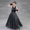 Scintillantes Noire Paillettes Robe Ceremonie Fille 2018 Princesse Titulaire Sans Manches Longue Volants Dos Nu Robe Pour Mariage
