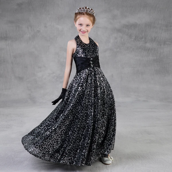 Sparkly Black Sequins Flower Girl Dresses 2018 A-Line / Princess Halter Sleeveless Floor-Length / Long Ruffle Backless Wedding Party Dresses